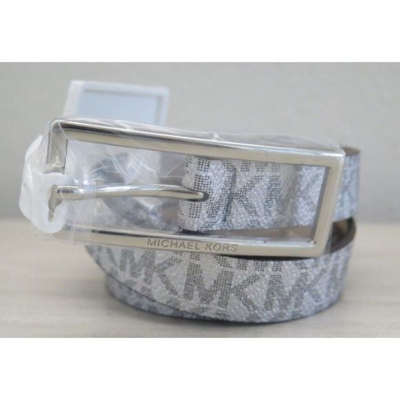 Michael Kors 556179C 040 Women's Sz L Silver Signature "MK" Logo Belt - Picture 4 of 9